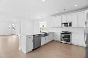 Kitchen featuring a sink, visible vents, white cabinetry, a peninsula, and appliances with stainless steel finishes