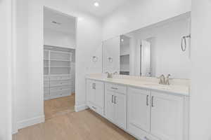 Bathroom with a walk in closet, a sink, wood finished floors, and visible vents
