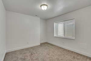 Empty room featuring visible vents, light colored carpet, baseboards, and a textured ceiling