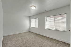 Spare room featuring visible vents, baseboards, carpet, and a textured ceiling