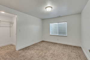 Unfurnished bedroom with light carpet, baseboards, a spacious closet, and visible vents