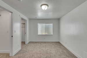 Empty room featuring light carpet, visible vents, a textured ceiling, and baseboards