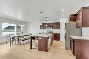 Kitchen featuring stainless steel appliances, recessed lighting, light wood finished floors, and a sink