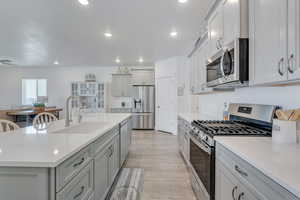 Kitchen with appliances with stainless steel finishes, gray cabinetry, light countertops, and a sink