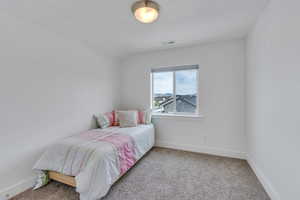 Bedroom featuring baseboards, visible vents, and carpet flooring