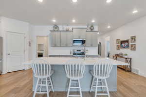 Kitchen featuring visible vents, stainless steel appliances, light countertops, and a sink