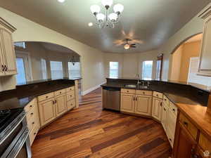 Kitchen featuring a sink, stainless steel appliances, dark wood-style floors, arched walkways, and a peninsula