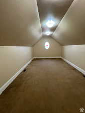 Additional living space with baseboards, a textured ceiling, carpet, and vaulted ceiling