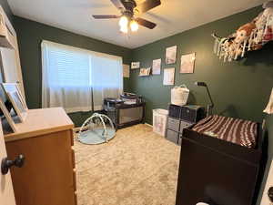 Office space featuring a ceiling fan and carpet flooring