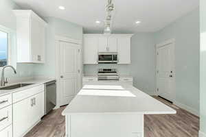 Kitchen featuring appliances with stainless steel finishes, a kitchen island, light wood finished floors, a sink, and white cabinetry