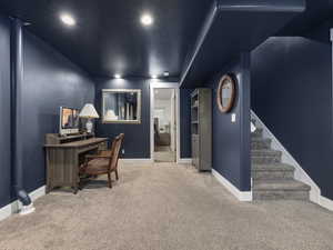 Home office featuring carpet, recessed lighting, and baseboards