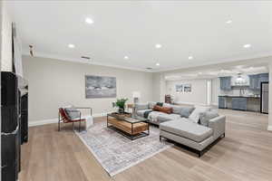 Living room with recessed lighting, ornamental molding, baseboards, light wood-style flooring, and a large fireplace