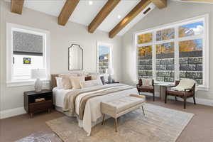 Bedroom featuring recessed lighting, baseboards, light colored carpet, and multiple windows