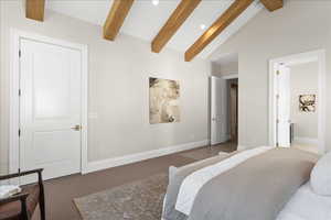 Carpeted bedroom with baseboards, vaulted ceiling with beams, and recessed lighting