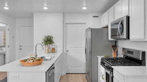 Kitchen with stainless steel appliances, light countertops, a sink, visible vents, and a peninsula