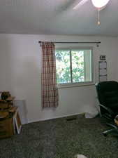 Carpeted home office featuring a textured ceiling and a ceiling fan