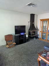 Carpeted living room with a textured ceiling