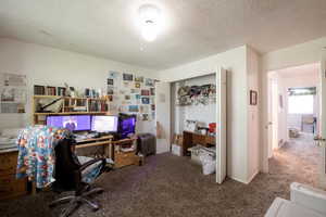 Home office featuring a textured ceiling and carpet flooring