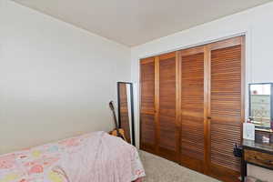 Carpeted bedroom featuring a closet
