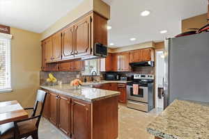 Kitchen featuring decorative backsplash, stainless steel appliances, under cabinet range hood, a sink, and a peninsula