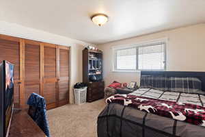 Carpeted bedroom with a closet