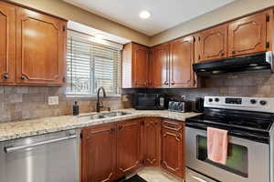 Kitchen featuring decorative backsplash, a sink, stainless steel appliances, and under cabinet range hood