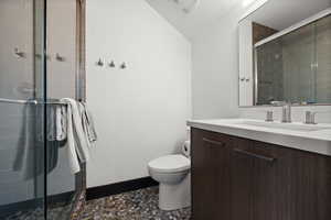 Bathroom with a shower stall, toilet, lofted ceiling, and vanity