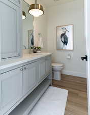 Bathroom with toilet, wood finished floors, vanity, and baseboards