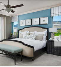 Carpeted bedroom with ornamental molding, a textured ceiling, and ceiling fan
