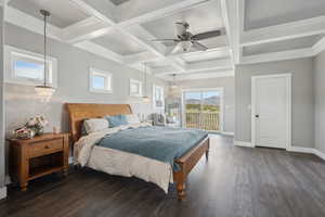 Bedroom featuring coffered ceiling, dark wood-style floors, access to exterior, and multiple windows
