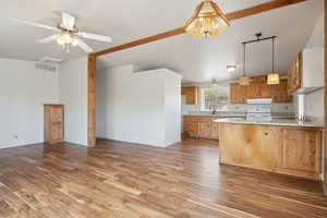 Kitchen featuring lofted ceiling, visible vents, range with electric stovetop, wood finished floors, and a peninsula