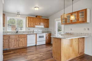 Kitchen with white appliances, under cabinet range hood, dark wood-style flooring, a sink, and a peninsula