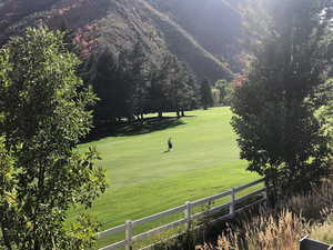 View of community with a mountain view, a yard, and fence