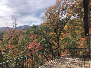 Wooden deck featuring a mountain view