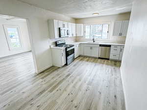 Kitchen with stainless steel appliances, light wood finished floors, and a sink