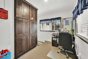 Home office featuring light colored carpet