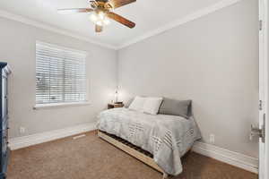 Carpeted bedroom featuring visible vents, baseboards, ceiling fan, and ornamental molding