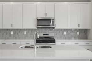 Kitchen with a sink, white cabinetry, appliances with stainless steel finishes, and tasteful backsplash