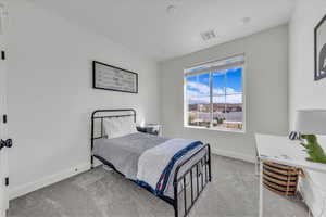 Carpeted bedroom with visible vents and baseboards