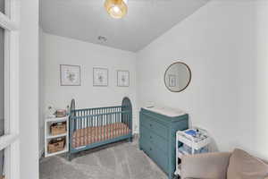 Carpeted bedroom with a crib and visible vents