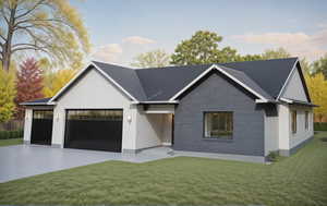 View of front facade with driveway, brick siding, a front lawn, and a3-car garage