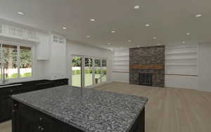 Kitchen with a wealth of natural light, built in features, light wood-type flooring, a center island, and dark & light  cabinets