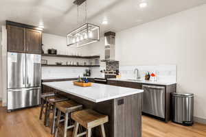 Kitchen comes full stock with utensils, dishes,  small appliances, pots and pans