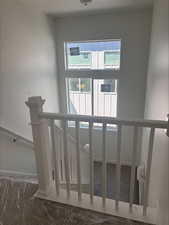 Staircase featuring carpet