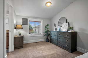 Bedroom featuring carpet, baseboards, and electric panel