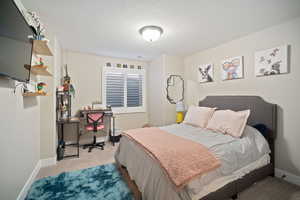 Bedroom with a textured ceiling, carpet, and baseboards