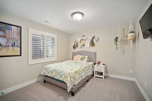 Carpeted bedroom with visible vents and baseboards