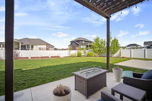 View of patio / terrace with a fenced backyard, a residential view, and a pergola