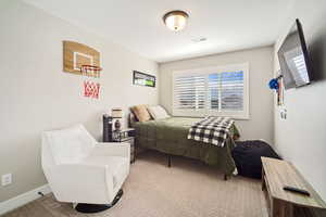 Bedroom with baseboards, visible vents, and carpet