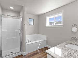 Bathroom with wood finished floors, a shower stall, a bath, and vanity